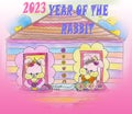 Bright attractive colorful cartoon art illustration of a pair of pink bunny rabbit family members welcoming 2023