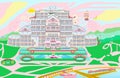 Bright attractive colorful classy eight-storey bunny rabbit hotel building with many white rabbits and garden illustration 2021