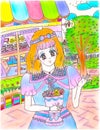 Bright attractive colorful ice cream cafe eatery exterior and shoujo anime manga girl with bouquet 2021