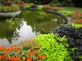 Bright attractive fresh serene pool and colorful flowerbed in bloom close up 2020 Royalty Free Stock Photo