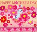 Bright sweet `Happy Mother`s Day` light blue pink cartoon bunny rabbit holding big heart with flower blossom background 2021