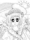 Bright attractive short haired young girl shoujo anime manga style in puffed sleeved dress coloring page illustration 2021