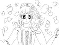 Bright attractive short haired young girl smiling anime manga style children`s art coloring page illustration 2021