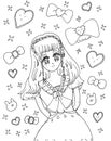 Bright attractive shoujo anime manga cartoon style young girl in ribbon blouse children`s art coloring page illustration 2021
