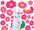 Bright light blue pink smiling cartoon bunny rabbit holding a flower with earth globe color illustration 2021