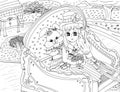 Bright attractive sweet girl bunny rabbit with friend riding carriage anime style illustration coloring page 2021