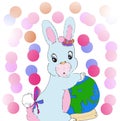 Bright sweet light blue pink cartoon girl bunny rabbit with colorful fading circles art in background 2021