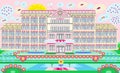 Bright attractive colorful classy five-storey bunny rabbit hotel building with many white rabbits and garden illustration 2021