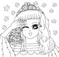 Bright attractive shoujo anime manga cartoon style young girl with flower tiara children`s art coloring page illustration 2021