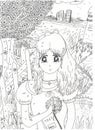 Bright attractive sweet young girl by cherry blossoms children`s art illustration for coloring 2021