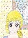 Bright attractive thoughtful blond young girl anime style