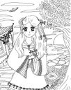 Bright attractive traditional young girl shoujo anime manga style in period gown children`s coloring page illustration 2021