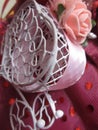 Bright attractive heart shape white carriage ornament decoration close up