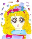 Bright attractive young blonde girl shoujo anime manga style with roses flower hat headband portrait illustration 2021