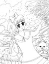 Bright sweet young girl shoujo anime manga style with cartoon bunny rabbit coloring page 2021