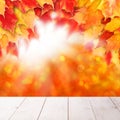 Bright autumn background. Red fall maple leaves and abstract bokeh light with empty white wooden board background Royalty Free Stock Photo