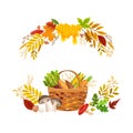 Bright Autumn Foliage with Honey Comb and Wicker Basket with Vegetable Vector Composition Set Royalty Free Stock Photo