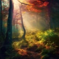 Bright autumn forest with sun rays between trees. Coniferous, mystic, enchanted atmosphere, orange, green colors Royalty Free Stock Photo