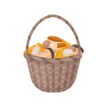 A bright autumn illustration with the image of edible mushrooms collected in a basket. The harvested crop of mushrooms