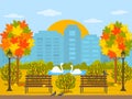 Bright autumn park in the city with a lake with swans. Panorama of the city in October with maple trees, leaves and pigeons in the Royalty Free Stock Photo