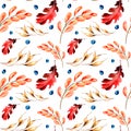 Bright autumn red leaves and spikelet watercolor seamless pattern on white.