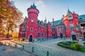Bright autumn scene of Palace in Plawniowice. Colorful morning landscape of Upper Silesia, Poland. Traveling concept background
