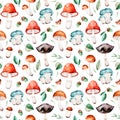 Bright autumn seamless pattern with autumn leaves,acorns,multicolored mushrooms