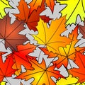 bright autumn seamless pattern of maple yellow and red leaves on a blue background Royalty Free Stock Photo