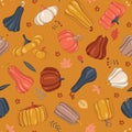 Bright autumn seamless pattern. Pumpkin, rowan, leaves, twigs. Autumn. Thanksgiving. Bright colors. Vector illustration Royalty Free Stock Photo