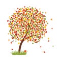Bright autumn tree with colorful falling leaves. Vector