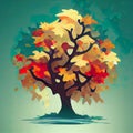 Bright autumn tree stylized illustration. A tree with a crown in autumn colors. AI-generated