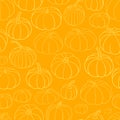 Bright autumn vector seamless pattern background with various hand drawn pumpkin in white outline on vivid yellow orange backdrop Royalty Free Stock Photo