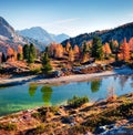 Bright autumn view of Limides Lake and Lagazuoi mountain. Colorful morning view of Dolomite Alps, Falzarego pass, Cortina d` Royalty Free Stock Photo