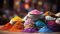 Powder colours food curry blue india spice yellow background asian indian dye red