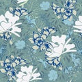 Bright background of flowers and leaves on a blue background. Floral vintage texture for fabric, tile and paper and wallpaper on Royalty Free Stock Photo