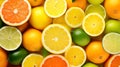 A bright background of juicy citrus fruits - oranges, lemons and limes - creating a fresh and energ