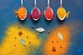 Bright background of multi-colored spices in spoons. A top view, a place for your text or advertising. Royalty Free Stock Photo