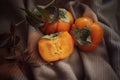 bright background. ripe orange persimmon on a beige background. beautiful background texture. juicy fruits. vitamins