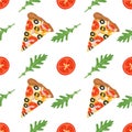 Bright seamless pattern with slices of pizza