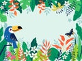 Bright background with tropical leaves, flowers and cute toucan