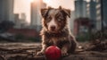 Bright ball and adorable pup in a metropolitan area