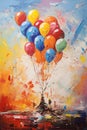 Bright balloons. Metaphorical associative card on theme of celebrate. In style of oil painting. Psychological abstract