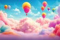 Bright balloons and vivid rainbows on a blue sky with pink clouds Royalty Free Stock Photo