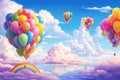 Bright balloons and vivid rainbows on a blue sky with pink clouds Royalty Free Stock Photo