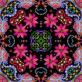 Bright bandana print with floral motifs. Colorful seamless pattern. Kaleidoscope. Summer silk scarf Royalty Free Stock Photo