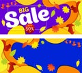 Bright Banner autumn sales with leaves and silhouette squirrel. Royalty Free Stock Photo