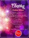 Bright banner Merry Christmas. Blank with approximate christmas menu, Festive template with fireworks. Vector.