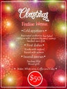 Bright banner Merry Christmas. Blank with approximate christmas menu, Festive template with fireworks. Vector.