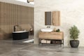 Bright bathroom interior with concrete floor, two black bathtubs and a white sink, interior pool, plant, marble wall, side view. Royalty Free Stock Photo