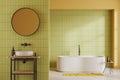 Bright bathroom interior with tub and sink with accessories, mirror on partition Royalty Free Stock Photo